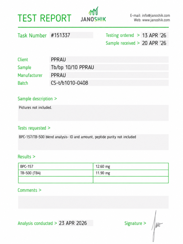 BPC-157 + TB-500 20mg (10mg/10mg) Certificate of Analysis