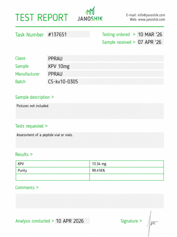 KPV 10mg Certificate of Analysis